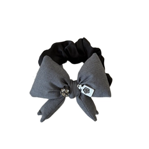 Bow scrunchie with camellia perfume tag and crystal charm in gray and black fabric