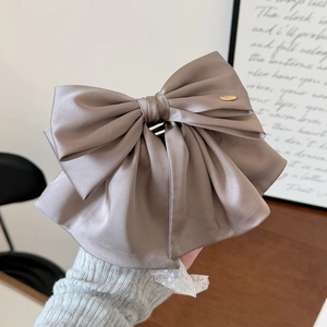 Vue détaillée d'une grande pince à cheveux en satin marron moka avec emblème doré de luxe
