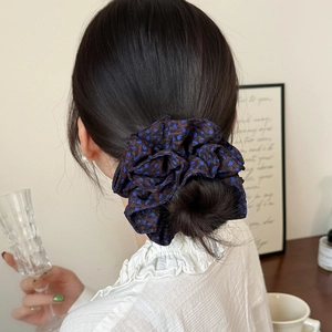 Vintage French silk hair scrunchie with blue polka dots on brown fabric for women