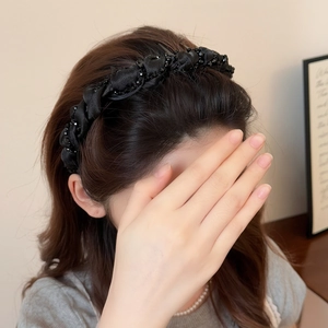 Black Beaded Toothed Headband Women Heightened Cranial Top Twisted Fabric Hair Band Punk Style Daily Hair Accessory