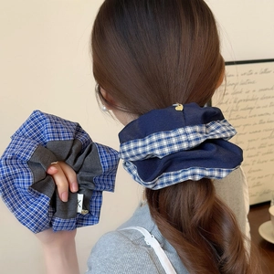 Korean Style Plaid Contrast Color Fabric Scrunchie With Heart Pendant Large Pleated Hair Ring For Women Hair Accessories
