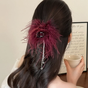 Détail de la pince à cheveux plume bordeaux avec de longs glands en strass brillants