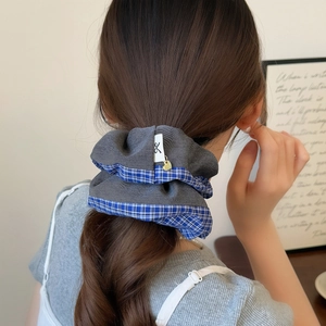 Blue plaid vintage scrunchie for women featuring grey cotton and golden heart charm