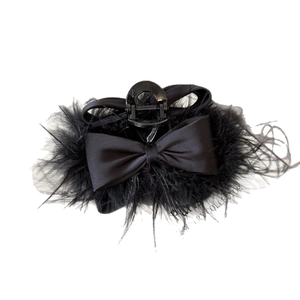 Elegant black feather bow hair claw clip for voluminous princess style updo hairstyles