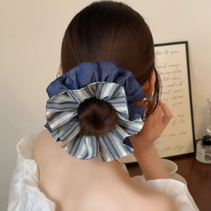 Blue and white striped scrunchie oversized elastic hair tie for women hairstyles