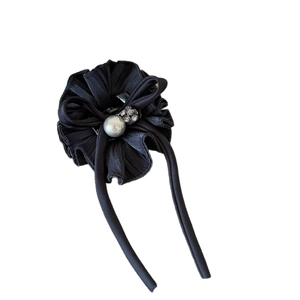 Elegant black ruffle flower hair claw with gray pearl and sparkling rhinestone ribbons