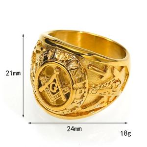 Golden titanium steel Freemasonry ring with G symbol and Freemason side engraving