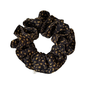 Vintage leopard print scrunchie in black satin with an elegant pearl charm accessory