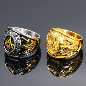 Masonic Symbol Ring Stainless Steel Titanium Gold Two Tone Relief Embossed Vintage Punk Jewelry For Men Streetwear Accessory