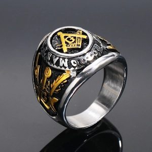 Golden Freemasonry AG signet ring in black titanium steel with detailed side carving