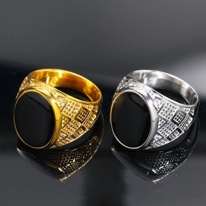 Vintage Punk Men's Ring Stainless Steel Oval Black Stone Hip Hop Geometric Engraved Signet Band Jewelry Accessory
