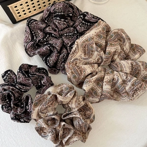 Elegant 4-piece paisley floral scrunchie set in black and beige chiffon fabric