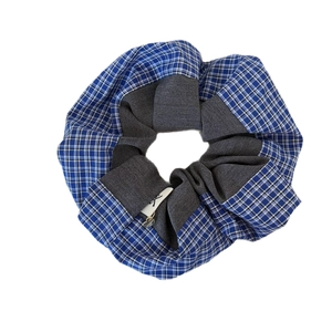 Blue and white checkered scrunchie with grey contrast and a silver heart charm