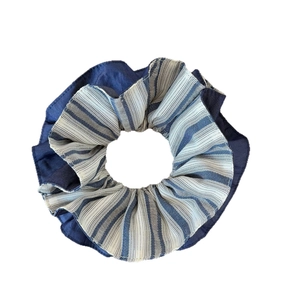 Blue and white striped scrunchie with layered design and high elastic hair tie