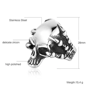Gothic punk men's skull ring in polished vintage stainless steel with a bold claw design