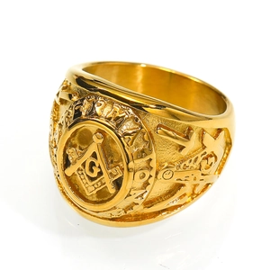 Golden titanium steel Freemasonry ring with embossed square and compass G symbol
