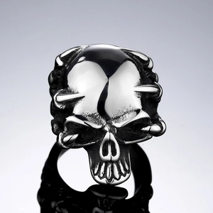 Men's punk gothic skull ring with eagle claw design in polished stainless steel finish