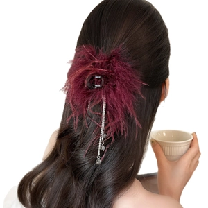 Pince à cheveux élégante en plumes bordeaux avec pompons en strass argentés étincelants
