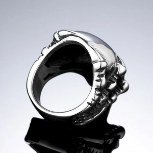 Men's punk titanium steel ring with vintage skeleton rib cage texture in retro silver