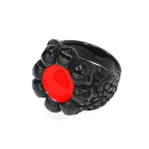 Anillo punk gótico de calavera para hombre en acero negro con detalle esmalte rojo
