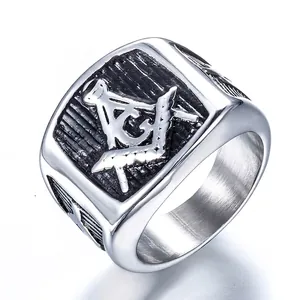 Anillo de Masonería de Acero Inoxidable Vintage para Hombre Retro Punk Escuadra Compás Letra G Anillo de Sello Joyería Biker Plata