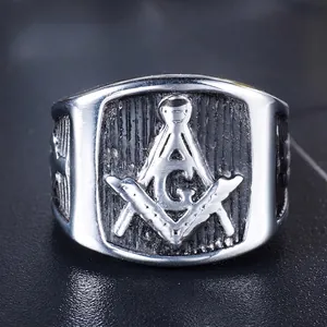 Anillo masónico retro punk para hombre en acero inoxidable con logo G plateado