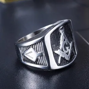 Anillo masónico vintage de acero inoxidable para hombre con símbolo de compás y G