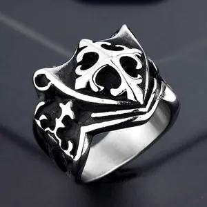 Vintage Gothic Shield Fleur-de-lis Stainless Steel Ring For Men Distressed Hip Hop Punk Cross Signet Ring Jewelry Gift