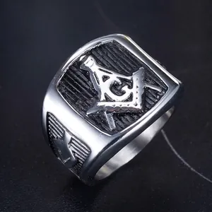 Anillo de sello masónico punk vintage para hombre en acero inoxidable plateado con logo G