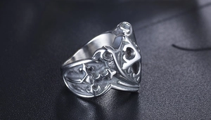 Detailed close-up of retro stainless steel ring with gothic cross and hollow patterns