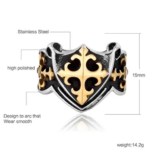 Vintage stainless steel shield signet ring with gold cross for men, 15mm width