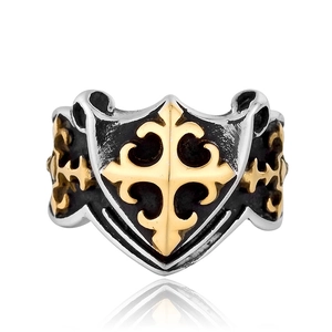 Vintage stainless steel shield ring with golden fleur-de-lis emblem and antique finish