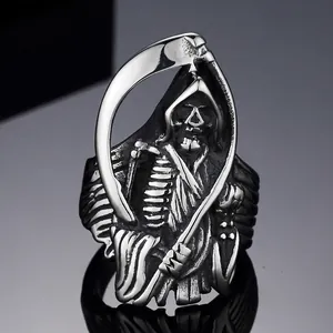Anello da Uomo con Teschio del Tristo Mietitore in Acciaio Inossidabile Gotico Punk Rock Falce Morte Anello Biker Gioielli