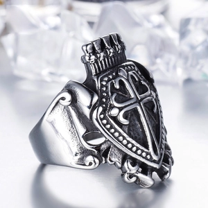 Vintage stainless steel crown cross shield ring for men with retro gothic industrial finish