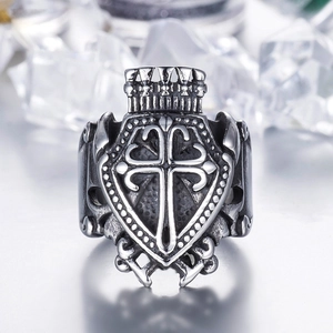 Vintage gothic men's stainless steel crown cross shield ring with oxidised finish