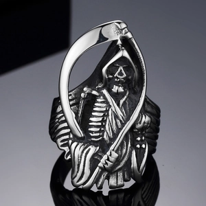 Anello vintage in acciaio inossidabile con teschio di Mietitore e falce stile punk