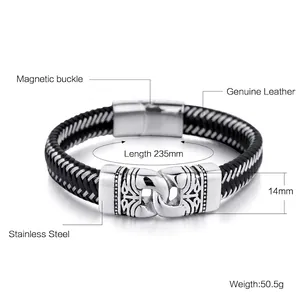 Men's leather woven bracelet with stainless steel magnetic buckle and detailed dimensions