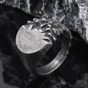 Makroaufnahme eines Siegelrings im Punk-Stil mit unregelmäßigen Bergtexturen auf dunklem Fels