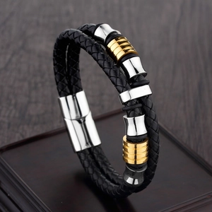 Men's double-layer black braided leather bracelet with gold and silver metallic beads