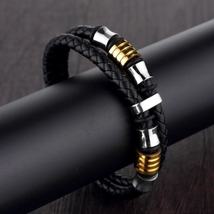Men's double-layer braided black leather bracelet with silver and gold metal accents