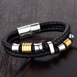 Men's double-layer braided black leather bracelet with gold and silver stainless steel accents
