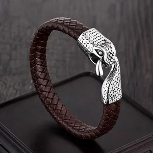 Men's Vintage Punk Leather Braided Bracelet With Stainless Steel Snake Head Buckle Fashion Biker Wristband Jewelry Accessory