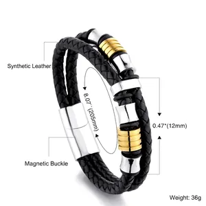 Men's double-layered braided leather bracelet with gold and silver magnetic metal clasp