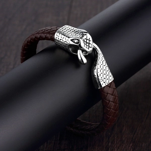 Men's dragon head braided leather bracelet with high-quality stainless steel clasp