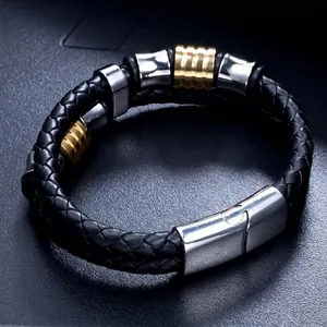 Men's Fashion Double Layer Braided Black Leather Bracelet Stainless Steel Magnetic Clasp Two Tone Metal Beads Jewelry