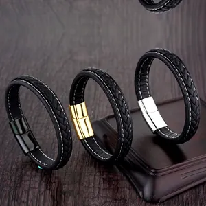 Men Fashion Braided Genuine Leather Bracelet With Stainless Steel Magnetic Clasp Black Gold Silver Titanium Steel Bangle