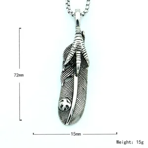 Retro stainless steel feather pendant with eagle claw and dimensions 72mm by 15mm