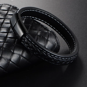 Men's black braided genuine leather bracelet with premium matte steel magnetic clasp