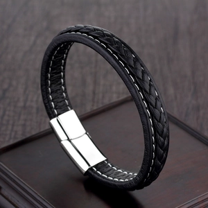 Men's hand-woven black leather bracelet with white stitching and silver magnetic clasp