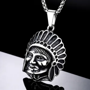 Retro Stainless Steel Indian Chief Head Pendant Necklace For Men Punk Ethnic Jewelry Antique Silver Gold Color Pendant